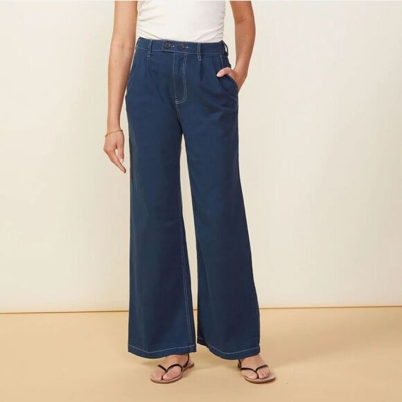 Monrow Cotton Twill Wide Leg Trouser‎ Pant Pleated Navy Blue Women Large HB0684 - Picture 7 of 11